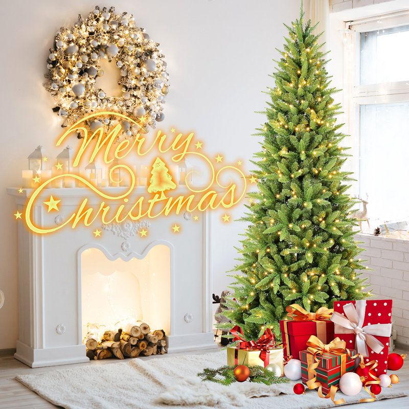 Arbre de Noël mince de 7 pi avec 400 lumières DEL chaudes - 1180 pointes en PE + PVC, conception à charnières peu encombrante, installation facile, support en métal robuste - arbre à crayons réaliste pour les petits espaces