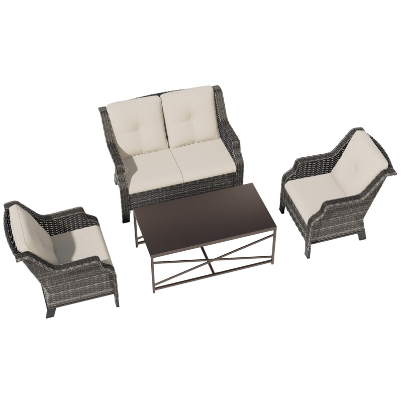 4 Pieces All-Weather Wicker Patio Conversation Set With Cushions, Loveseat, 2 Chairs & Metal Coffee Table, Beige