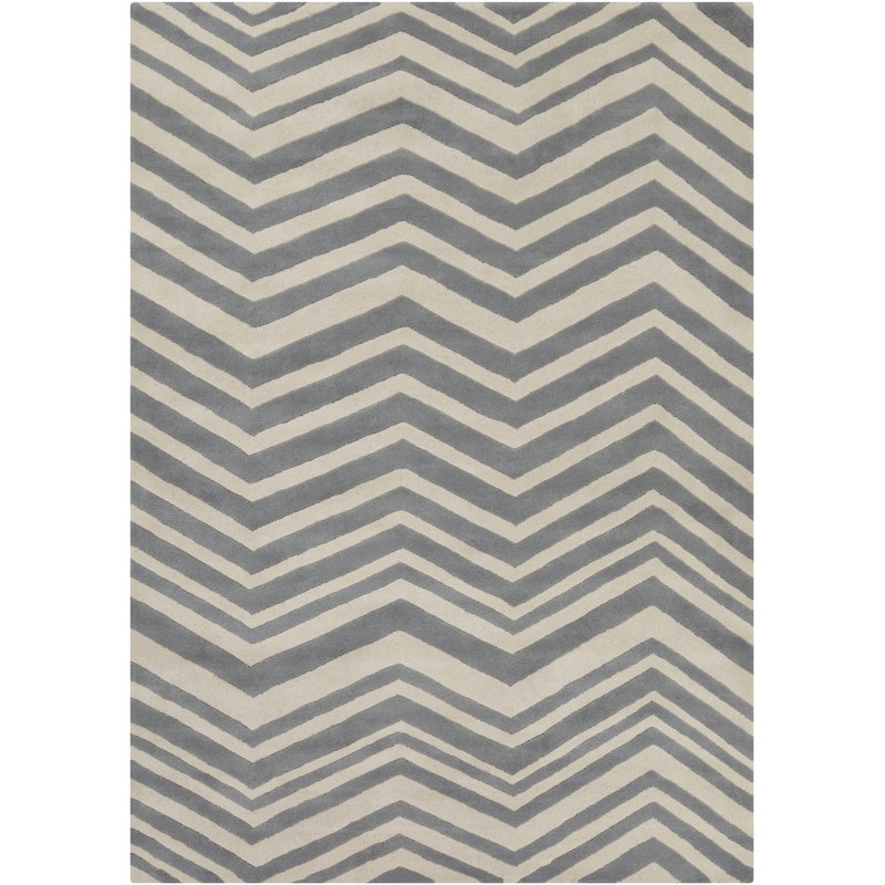 Tapis en laine à motif de chevrons à motif zigzag abstrait gris clair et blanc fait à la main Acworth, 7 pi x 10 po
