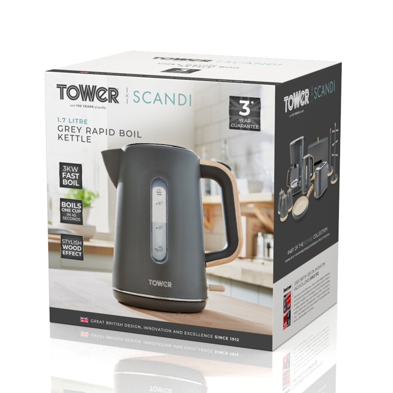 Tower Scandi Kettle with Rapid Boil and Boil Dry Protection, 1.7L, 3kW, Grey