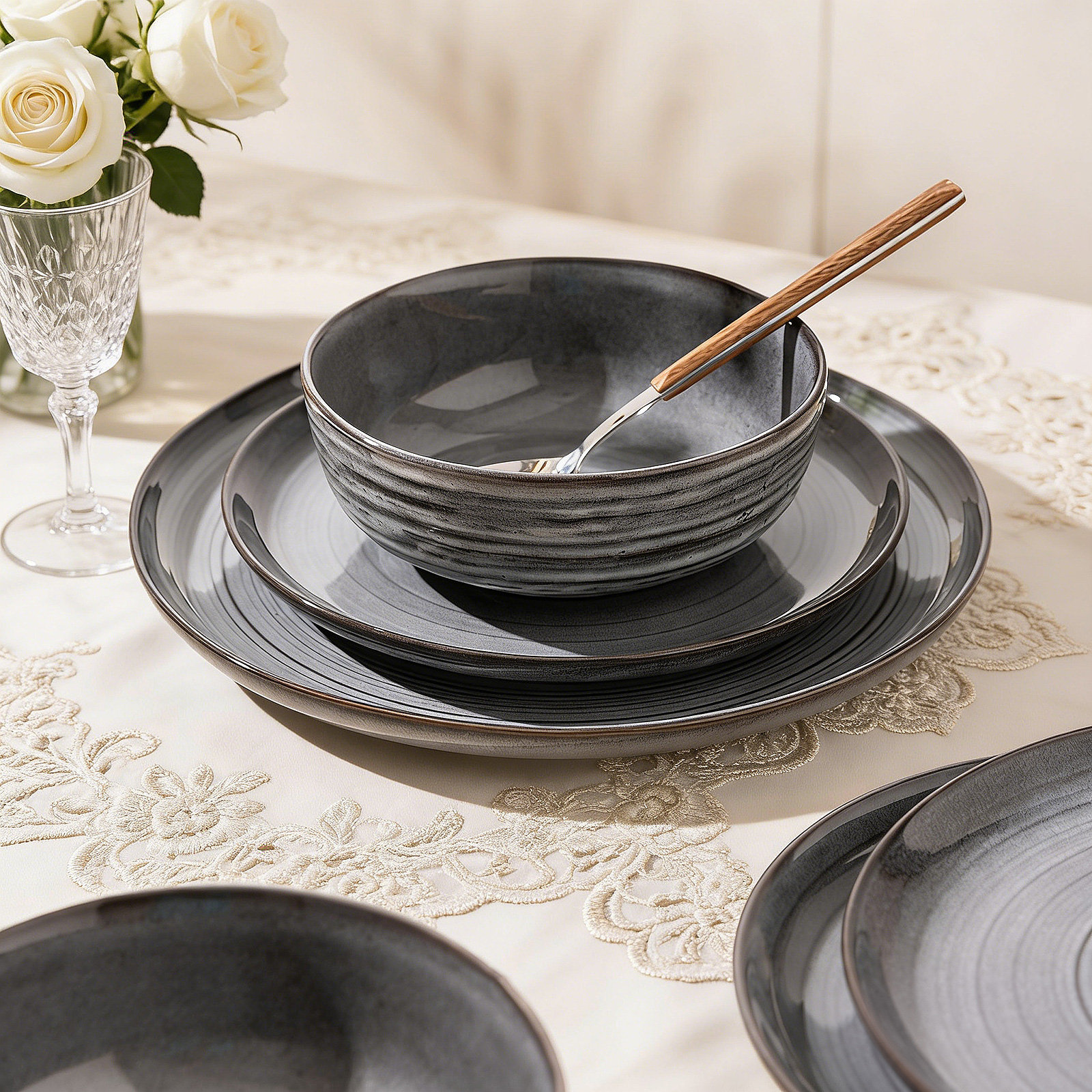  12 Piece Stoneware Dinnerware Sets, Service for 4, Dark Gray