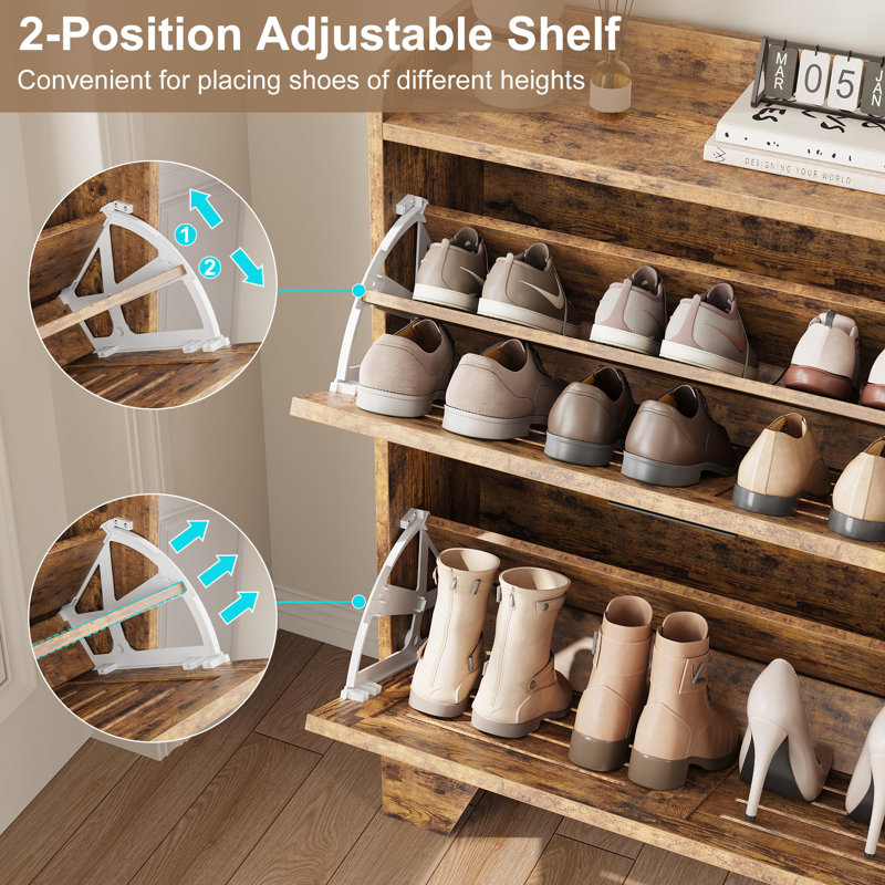 Rustic Brown Wood Shoe Cabinet with Flip Drawers