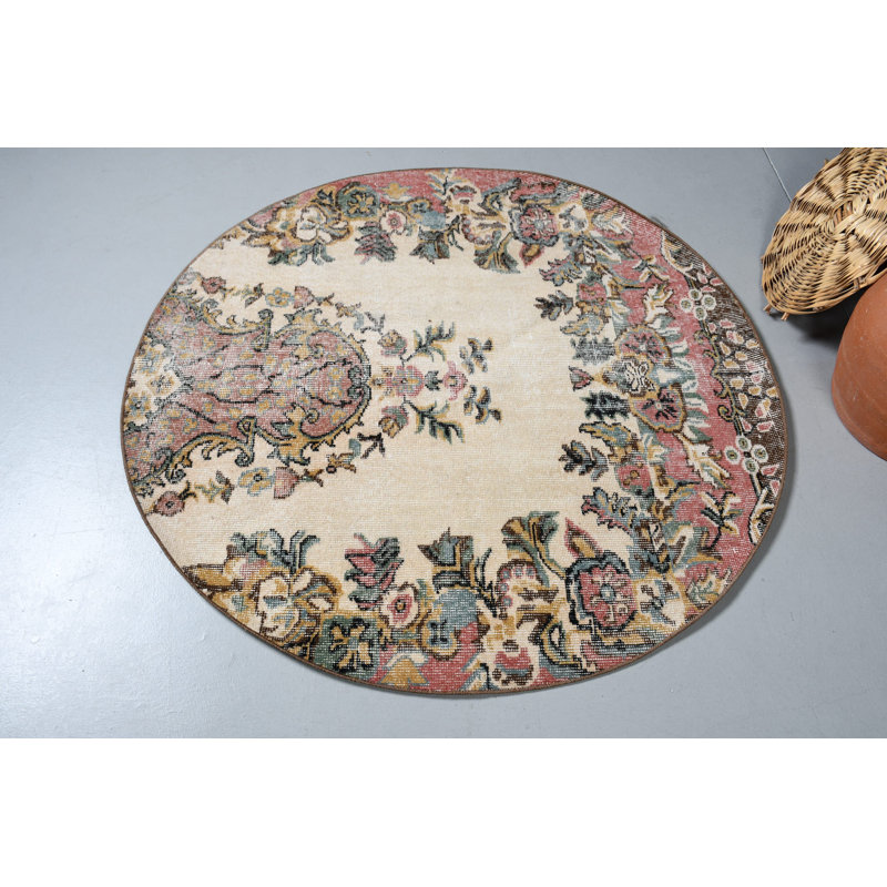 Tapis turc rond fait à la main avec motif floral pour le salon - Tapis de sol de style bohème beige et pièce décorative