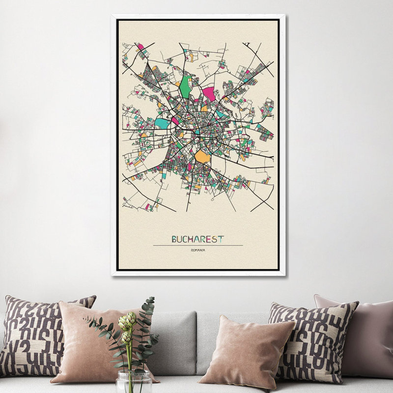 Bucharest, Romania Map by Ayse Deniz Akerman - Print on Canvas, 152.5 cm H x 101.5 cm W, White Floater Frame