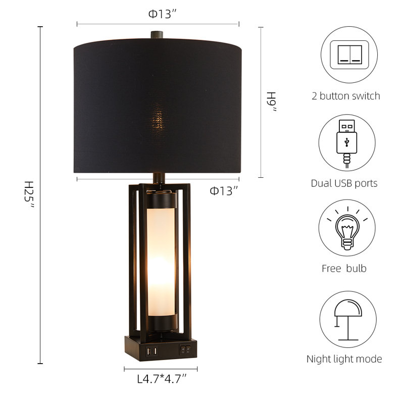 25" Nergiz Table Lamp Set With Night Light And USB Ports