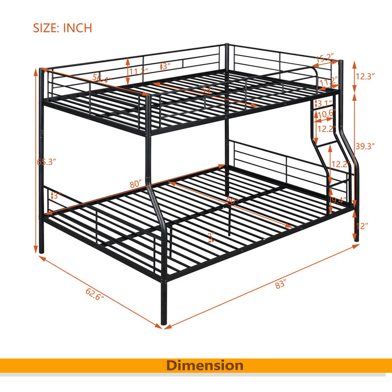 Full XL Over Queen Metal Bunk Bed, Black