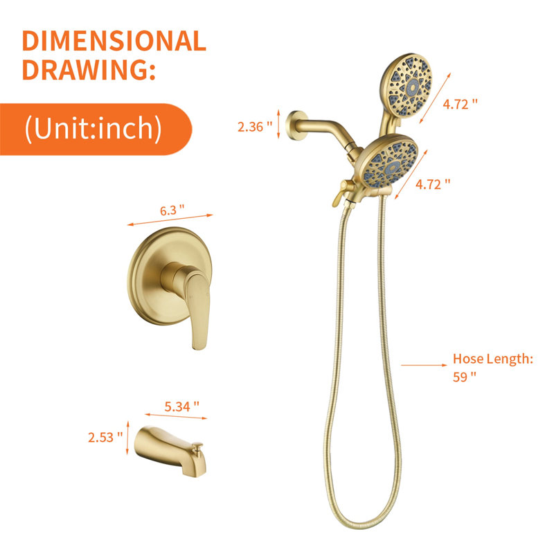 Complete Shower System with Rough in-Valve, Brushed Gold