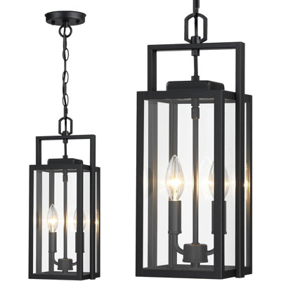 Grand luminaire suspendu d'extérieur 17,8 po à 2 lumières de style moderne avec lustre extérieur en métal noir et plafond transparent avec verre transparent pour entrée de porche, paquet de 1