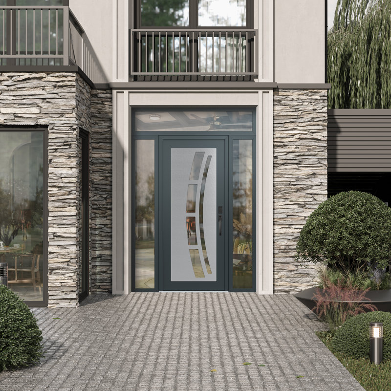 C12 C12 X 96 po Panneau d'entrée en acier argenté anthracite et verre transparent anthracite avec 2 portes d'entrée latérales et porte avant en verre transparent