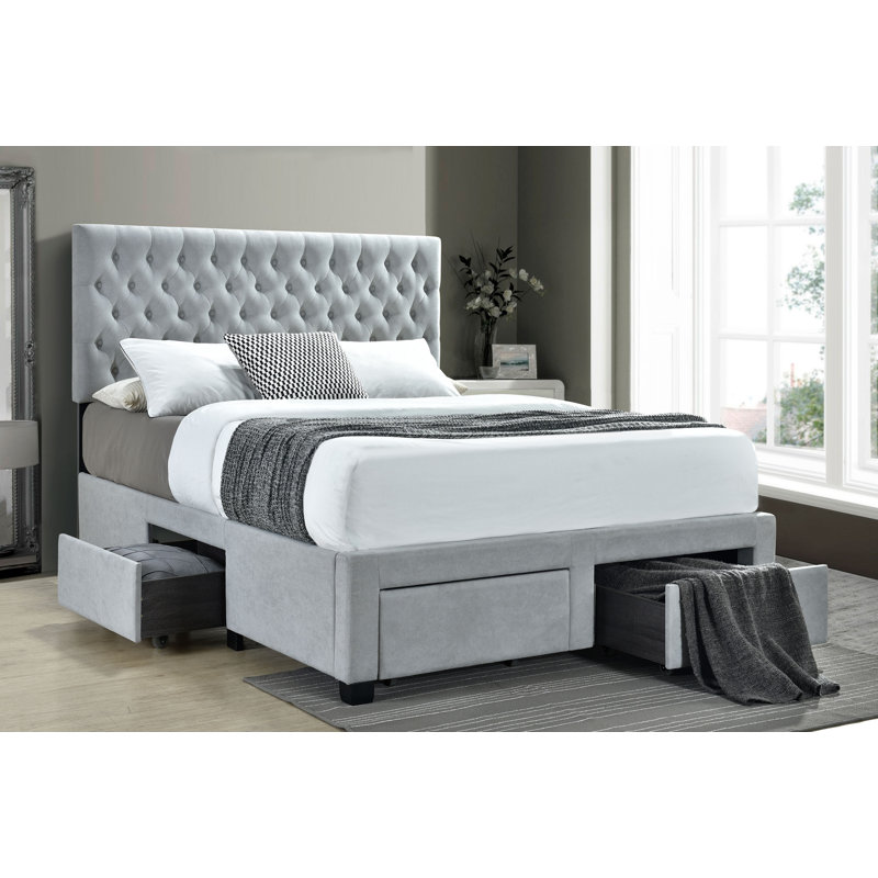 Gray Full Storage Bed with Tufted Upholstery and Drawers