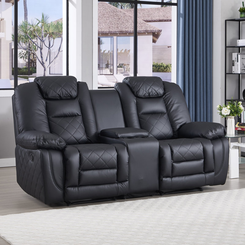 77.1" Modern Faux Leather Manual Reclining Loveseat Sofa, 2 Seater Recliner Couch With Storage & Cup Holder
