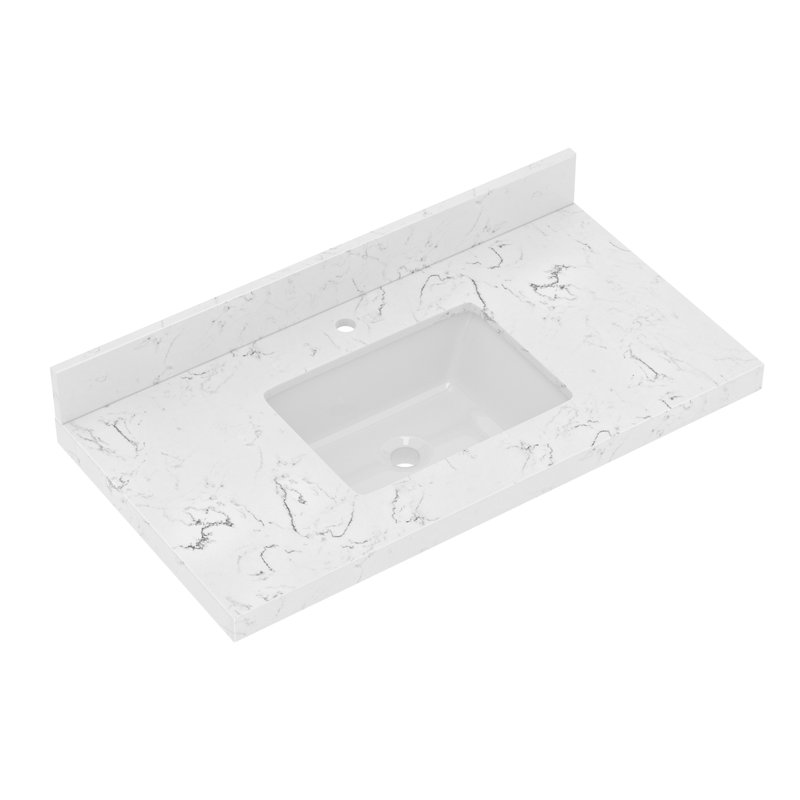 Quartz Stone 36" Rectangular Single Sink Vanity Top In Grain White With Undermount Ceramic Sink