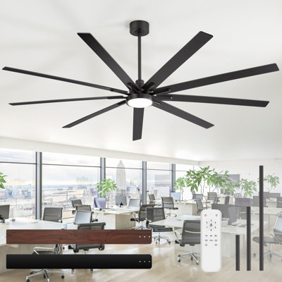 84 Inch Industrial DC Motor Ceiling Fan, Large Ceiling Fan With 8 Reversible Blades, 3 Downrods, 6-Speed Remote Control, Home Or Commercial Ceiling Fans For Porch/Garage/Shop, Black