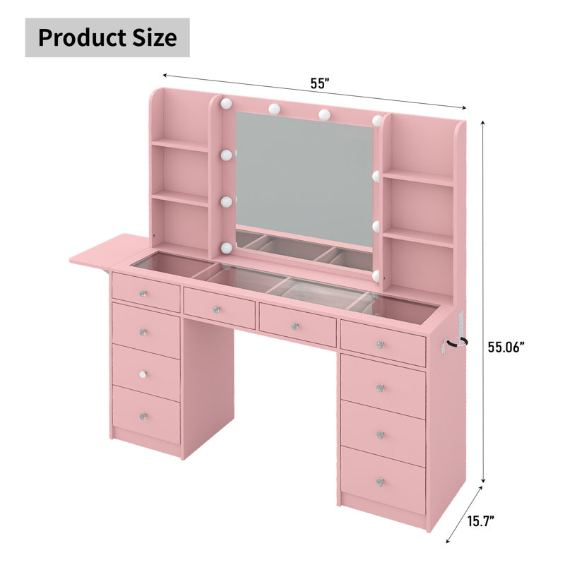 Makeup Vanity With Mirror, Vanity Desk With Power Outle,  Makeup Vanity With Lights, 3 Lighting Modes Adjustable, Makeup Table With Fold-Up Panel, 9 Drawers Vanity Set