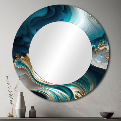 Parushka Abstract Geode Turquoise III - Marble Mirror, Modern Round Unique Wall Mirror, Printed Metal Art