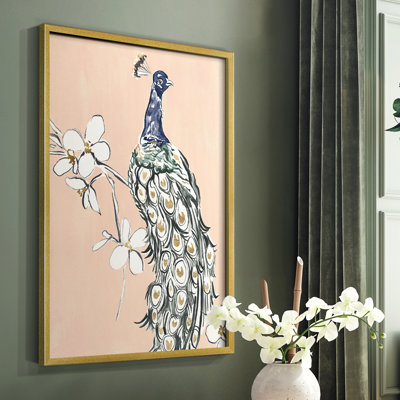 «Peacock in Gold III», reproduction encadrée - bois massif