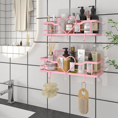 Serviteur de douche rose avec 4 crochets amovibles, paquet de 2 tablettes de douche Sweet Heart, tablette de rangement sans perçage pour salle de bain, cuisine, chambre à coucher