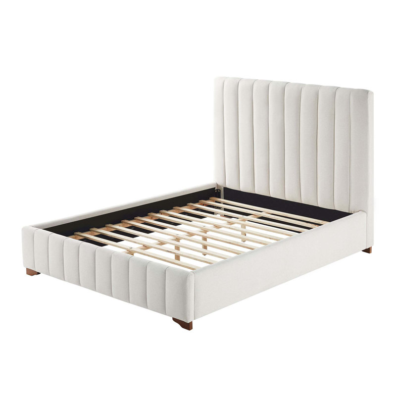 Modern Upholstered Platform Bed Frame With Headboard, White, Queen
