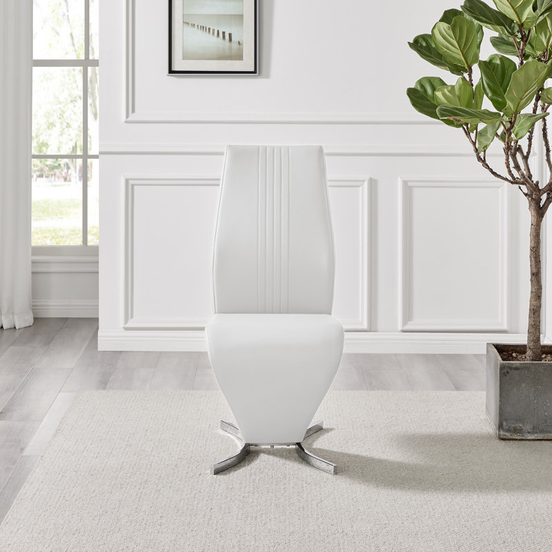 Edzard Double Pedestal High Gloss Dining Table Set with 6 Modern Faux Leather Dining Chairs, White