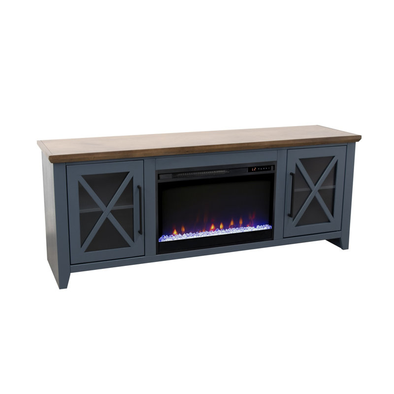 Meuble télé avec foyer de 66 po Ithaca pour téléviseur de 80 po ou moins, assemblage minimal requis, finition bleue et bourbon