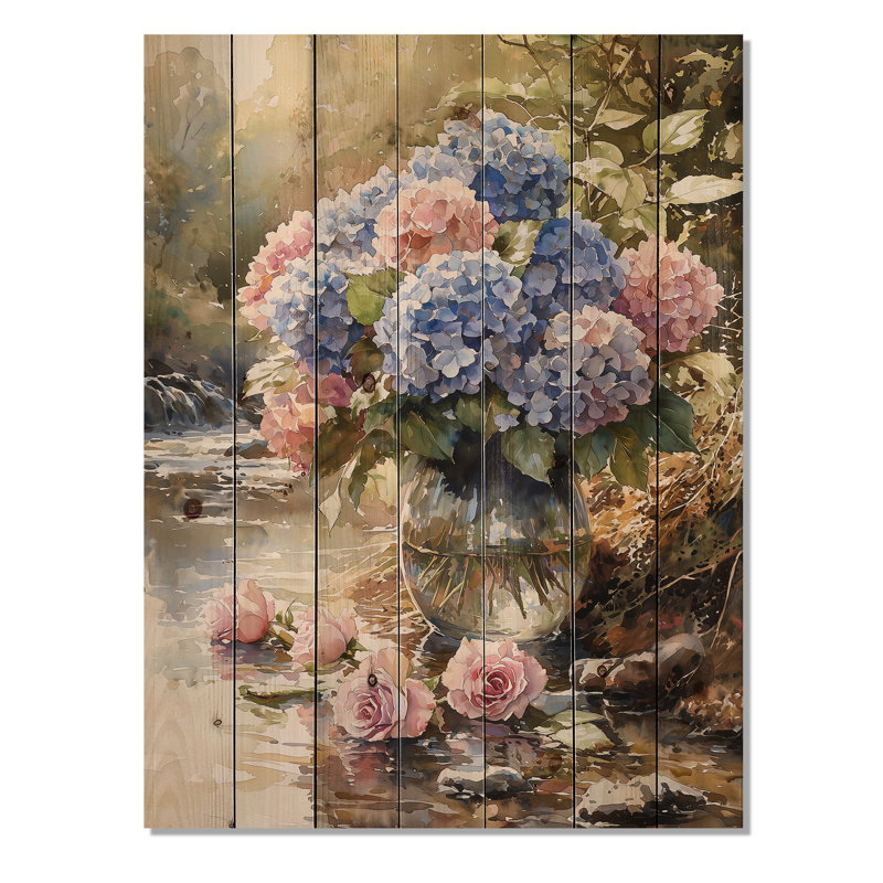 Hortensias et roses au bord de la rivière - Art mural en bois d'hortensias - sur bois de pin naturel