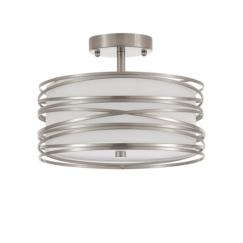 Modern Drum Linen Semi Flush Mount Ceiling Light Fixture, Chrome