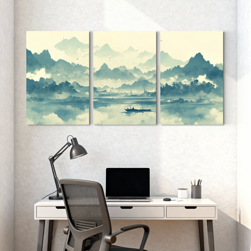 Paysage et nature montagne lac bateau brume nuage ciel eau reflet ensemble de 3 impressions d'art sur toile