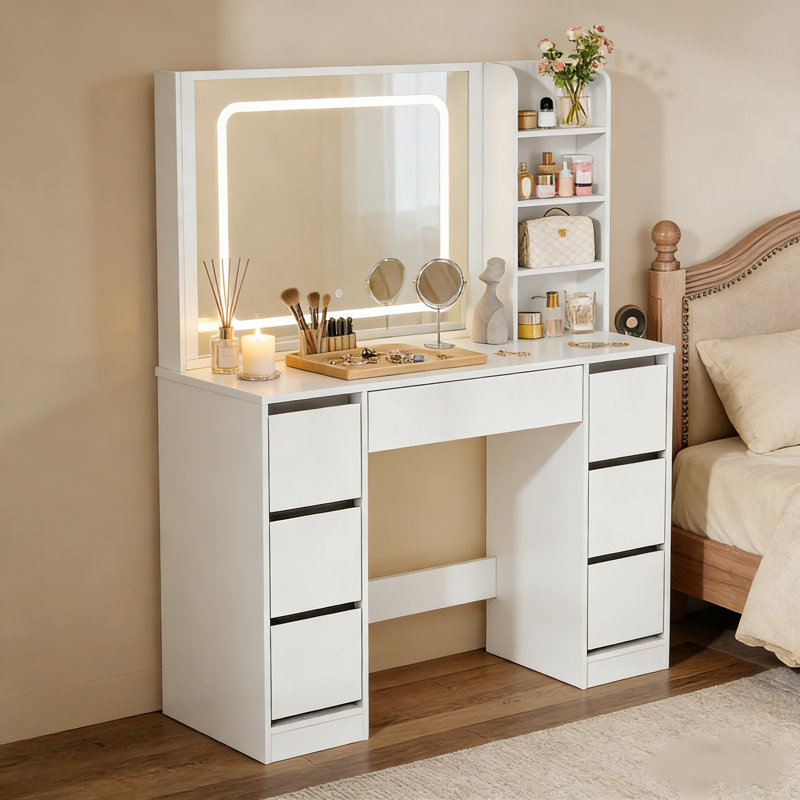 Coiffeuse de maquillage blanche minimaliste avec miroir à DEL réglable, station de charge intégrée et 7 tiroirs - Coiffeuse moderne pour chambre à coucher et vestiaire