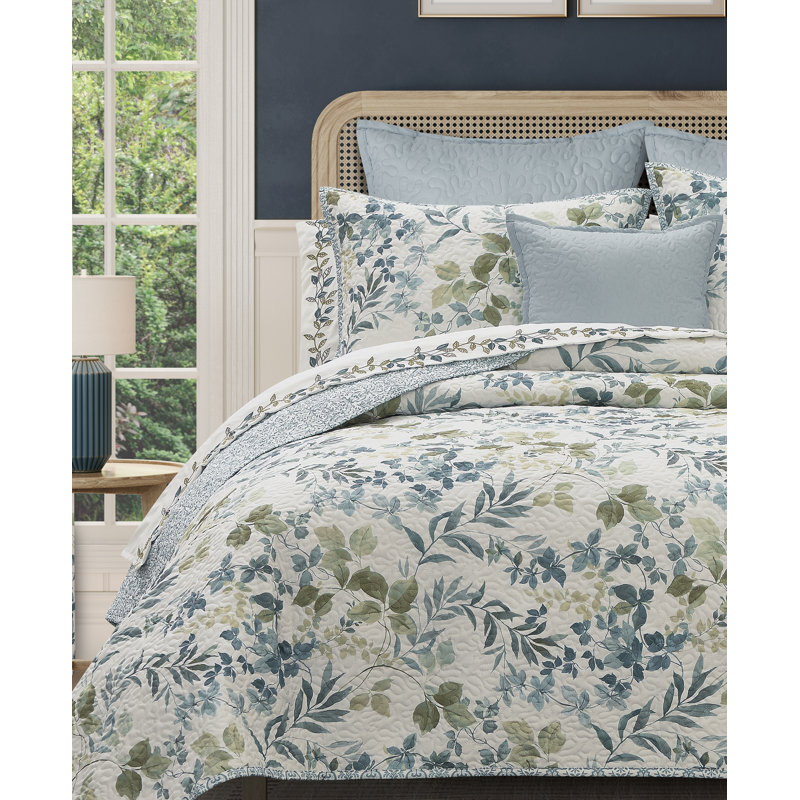 Elwood Quilt Set, Blue Leaf, Twin Quilt + 1 Standards Sham