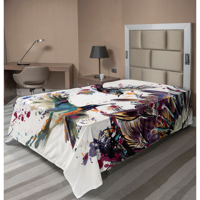 Ambesonne Nature Top Flat Sheet Lily Birds Watercolor TwinXL Orange and Blue, Drap plat pour lit simple