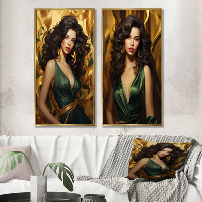«Green and Gold Glam Woman Glory I», photographie de mode murale, ensemble de salon