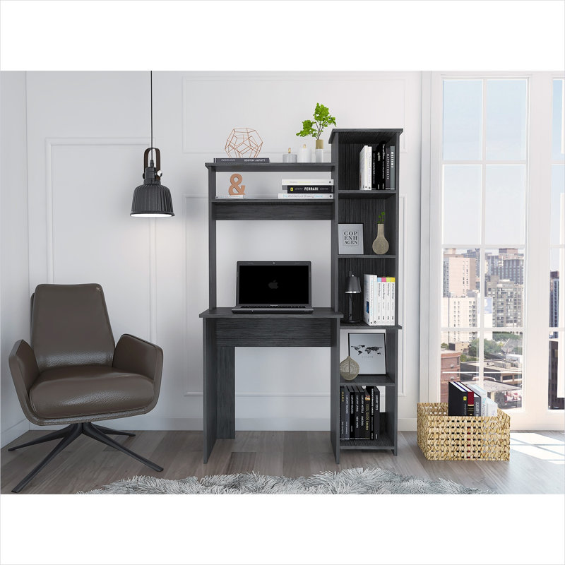 Bureau d'écriture compact avec huche et bibliothèque latérale, panneau de particules gris ardoise, 17,8 x 38,7 pouces