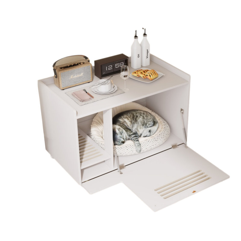 Table d'appoint cachée avec litière et clôture en bois, Blanc