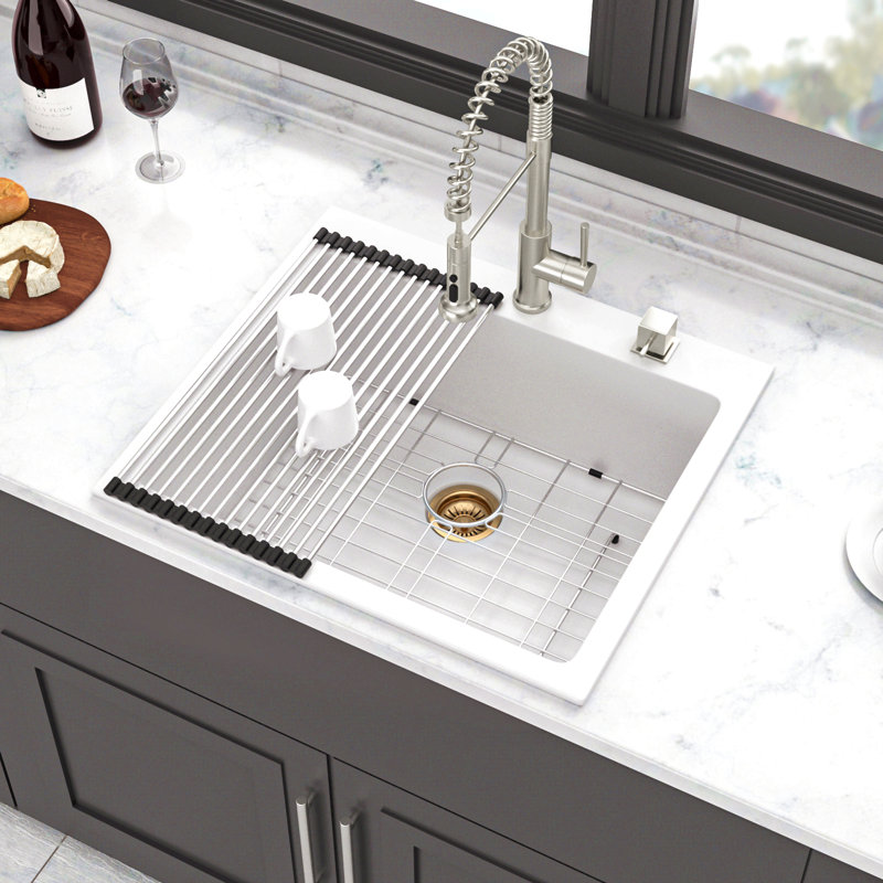 Évier de cuisine en quartz - Évier de cuisine encastré en granite 25 x 22 po, Blanc poli