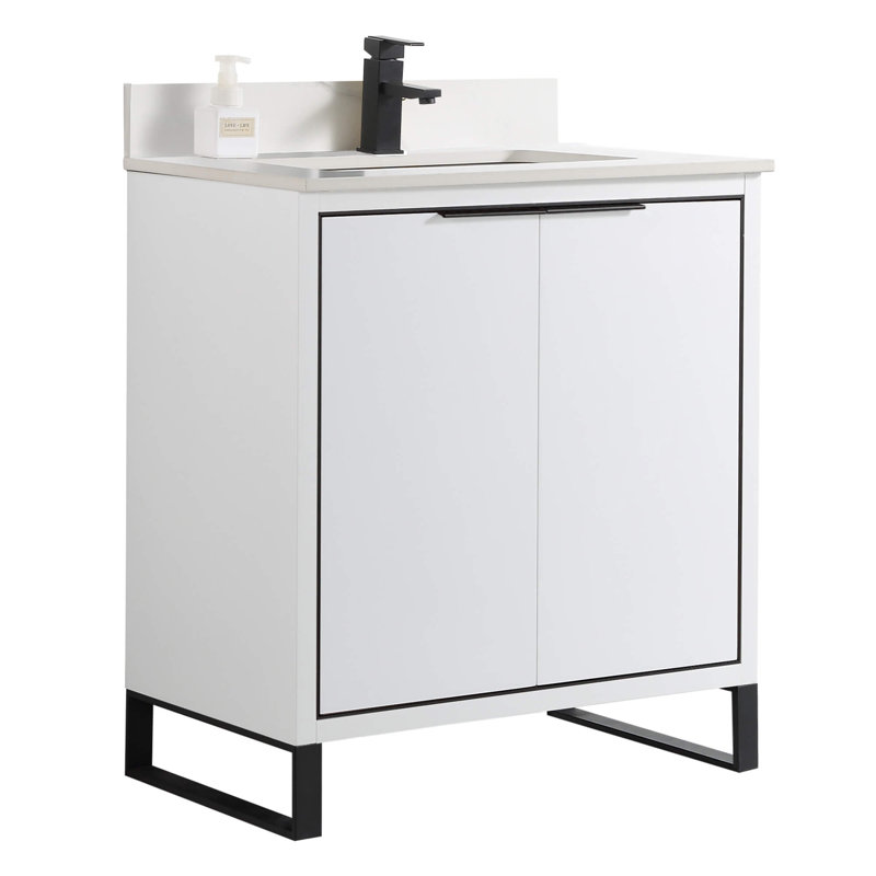 Gesell 30'' Single Bathroom Vanity with Stone Top, Satin Brass, White Matte
