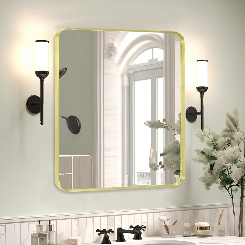 Miroir de salle de bain mural en métal doré, miroir de meuble-lavabo de coin rectangulaire arrondi doré brossé, antirouille, verre trempé (30 po x 36 po, doré)