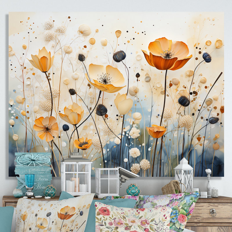 Décoration murale orange et bleu avec sourdine botanique I - Botanicals abstraits, H 34 po x l 44 po x P 1,5 po, Toile tendue