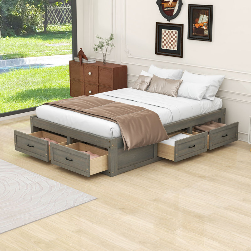 Modern Wooden Platform Bed with Drawers, Antique Grey, Full