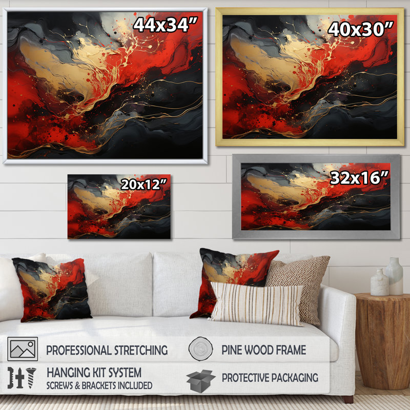 Rouge et or marbre volcan II - peinture abstraite encadrée, art mural, H 34 po x l 44 po x P 1,5 po, Toile tendue