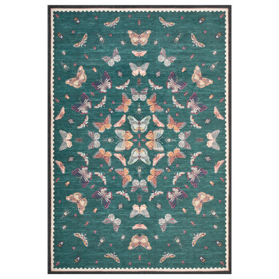 5x7 Machine Washable Butterfly Insect Print Area Rug with Non-Slip TPR Backing, Soft Polyester Low-Profile Carpet for Kids Room Playroom Nursery