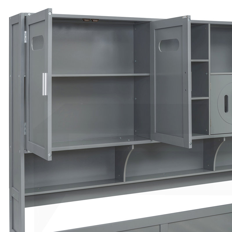 Lit de jour en bois avec 2 tiroirs, armoire et tablette tout-en-un, gris, Lit simple