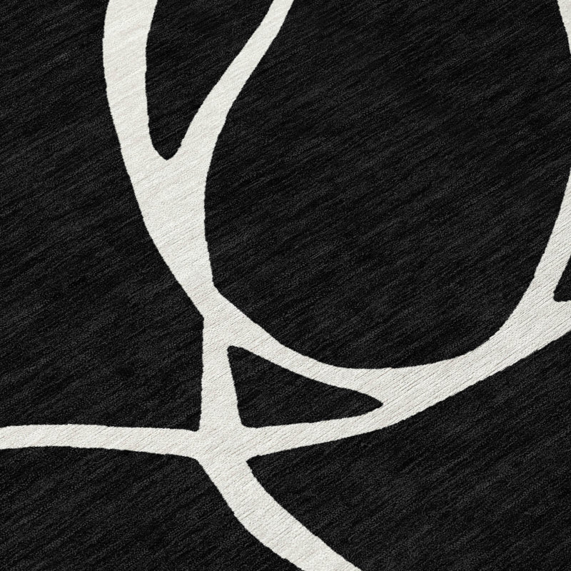 Black and White Abstract Pattern Washable Synthetic Area Rug, 5' x 7'