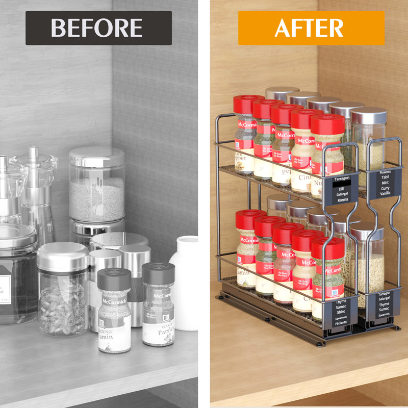 Heavy Duty Black Steel Pull Out Spice Rack Organizer with Labels