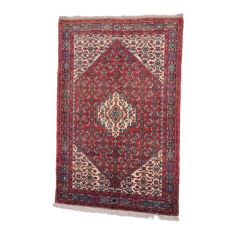 Tapis à main one-of-kind noué la beige/rouge 3 pi 4 po x 5 pi 2 po