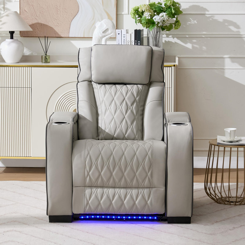 Sizemore Power Reclining Pu Leather With Cup Holders Living Room Recliner Light Gray, Gray