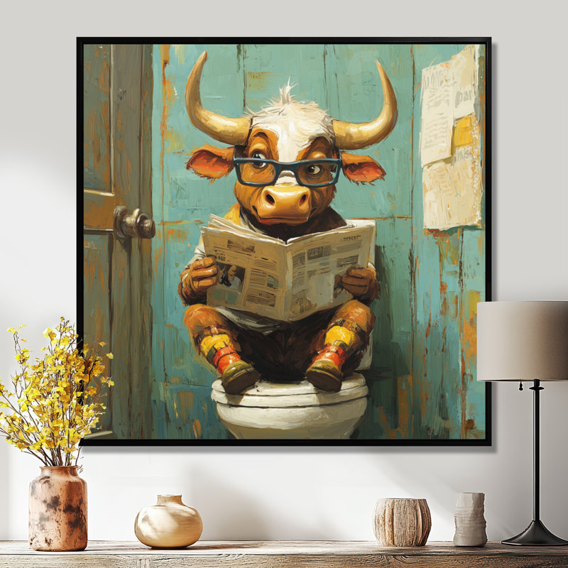 Keiontay, jolie vache lisant un journal dans la salle de bain - vache, art mural, Impression encadrée flottante