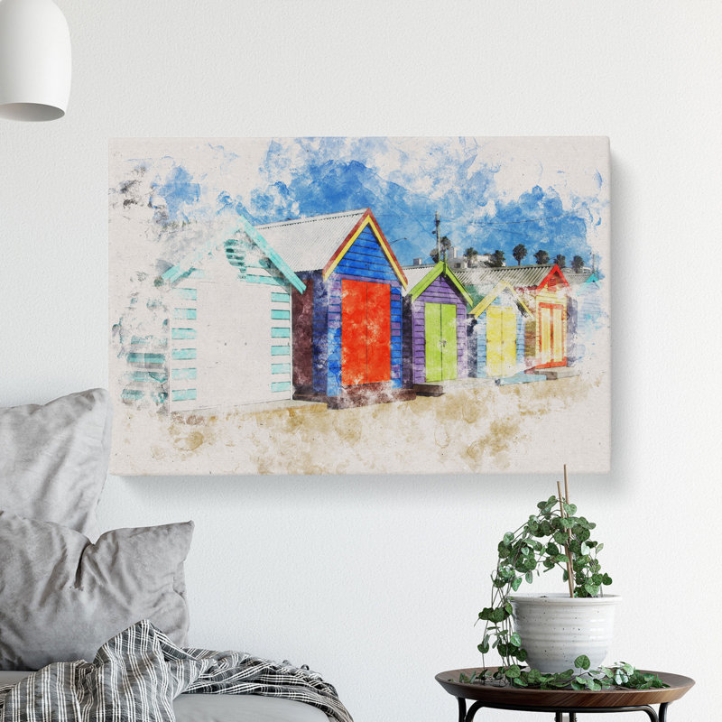 Colourful Beach Huts Watercolour - Wrapped Canvas, 60cm H x 91cm W x 3cm D
