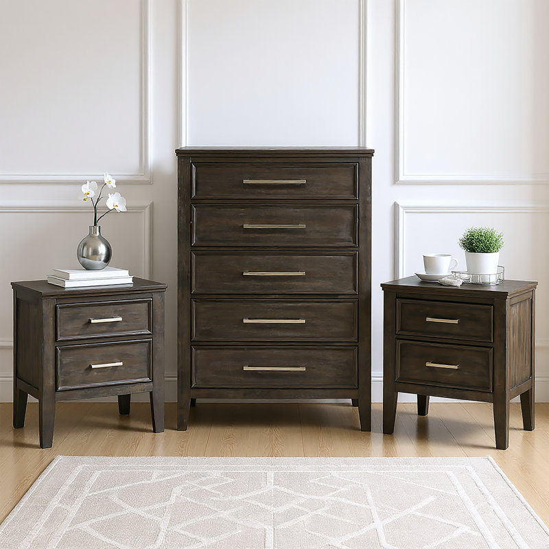 Ensemble de chambre à coucher 3 pièces en bois avec commode Andover, muscade, 2 pièces Andover, Brun