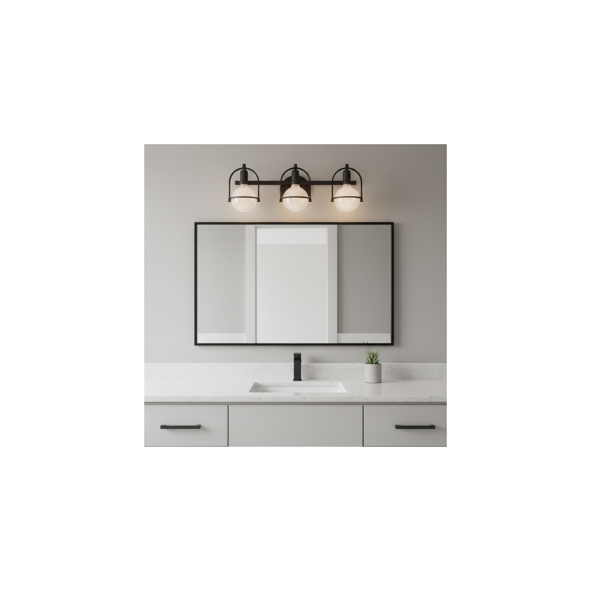 Damiana Bath Vanity Light - G40 Bulb in Photos (not included), 9" H x 25" W x 7.5" D, Black, 3 Lights