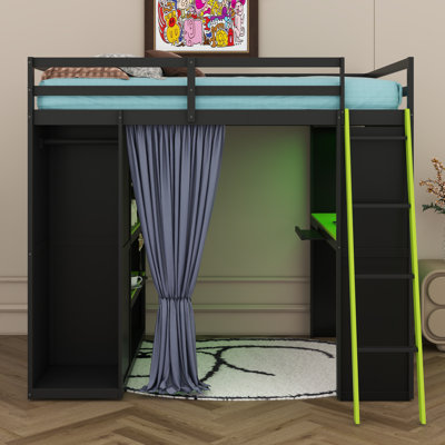 Lit mezzanine double avec bureau et rangement, lit mezzanine en bois tout-en-un avec garde-robe, tablettes, rideaux occultants et lumières RVB